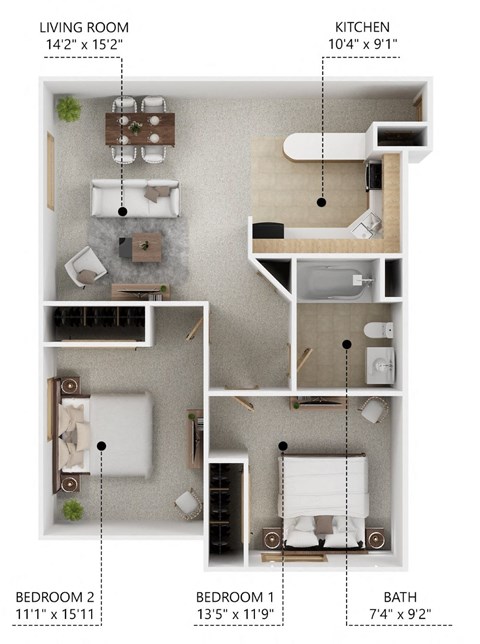 Floor plan for 2 beds, 1 bath, 812 sqft